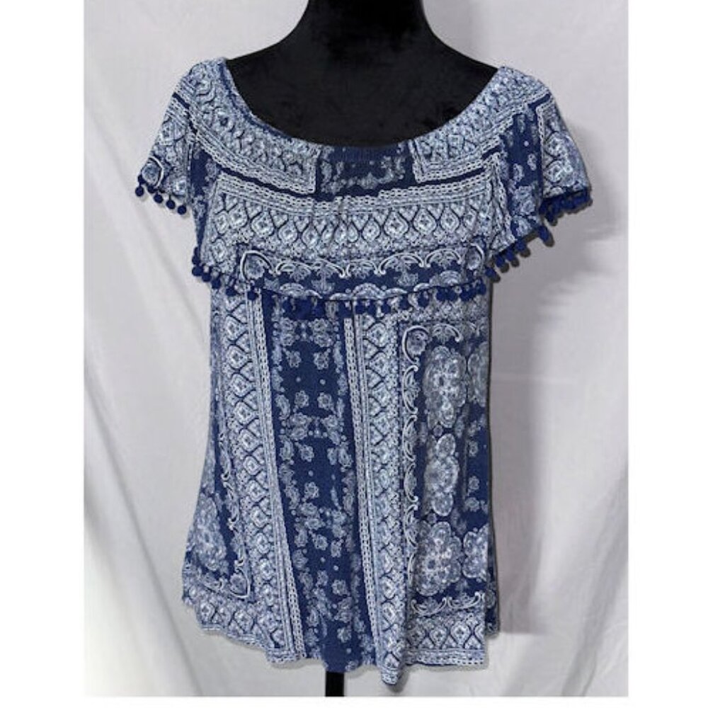 99 Jane Street Top, Top Ruffle, Blue Tassle Trim, Size Small